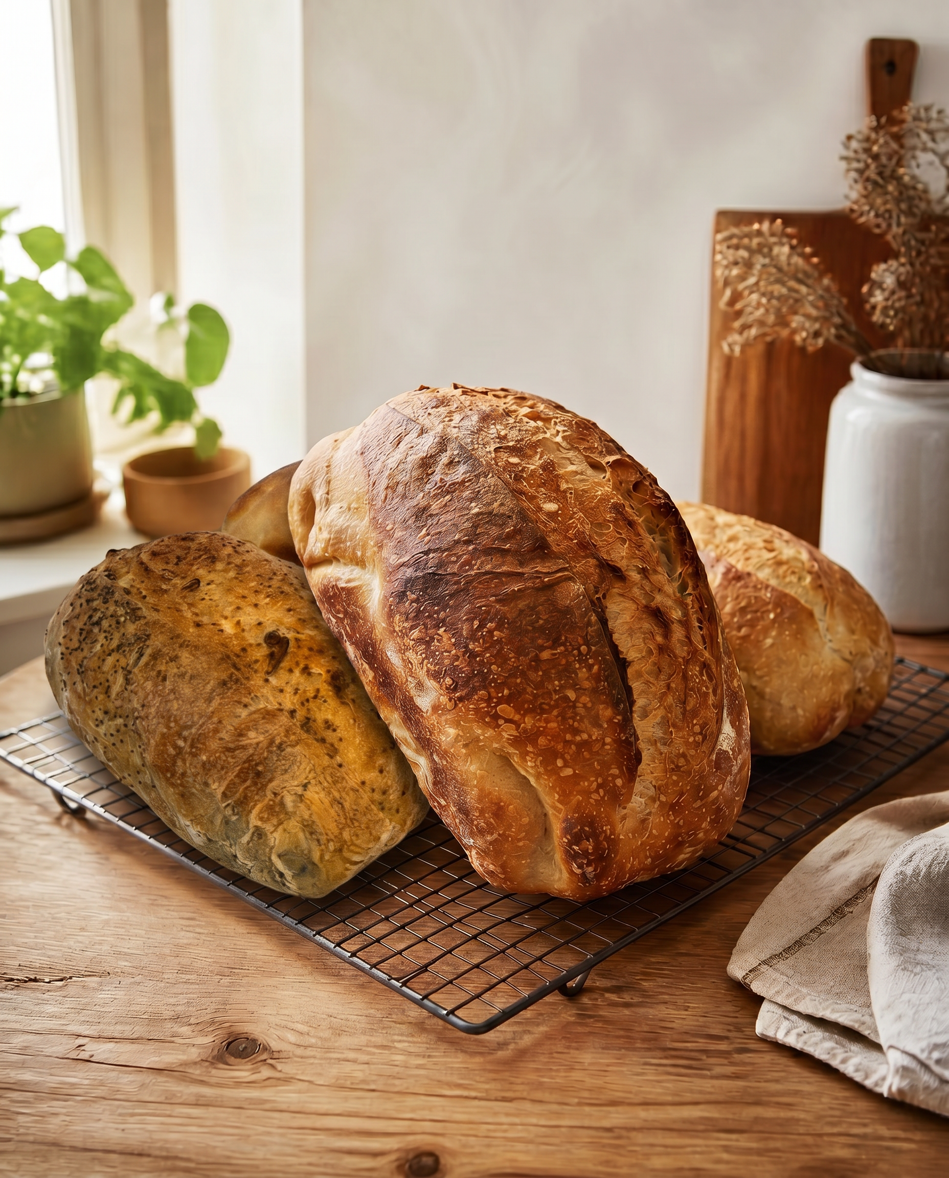 Classic and seeded sourdough loaves cooling on a rack